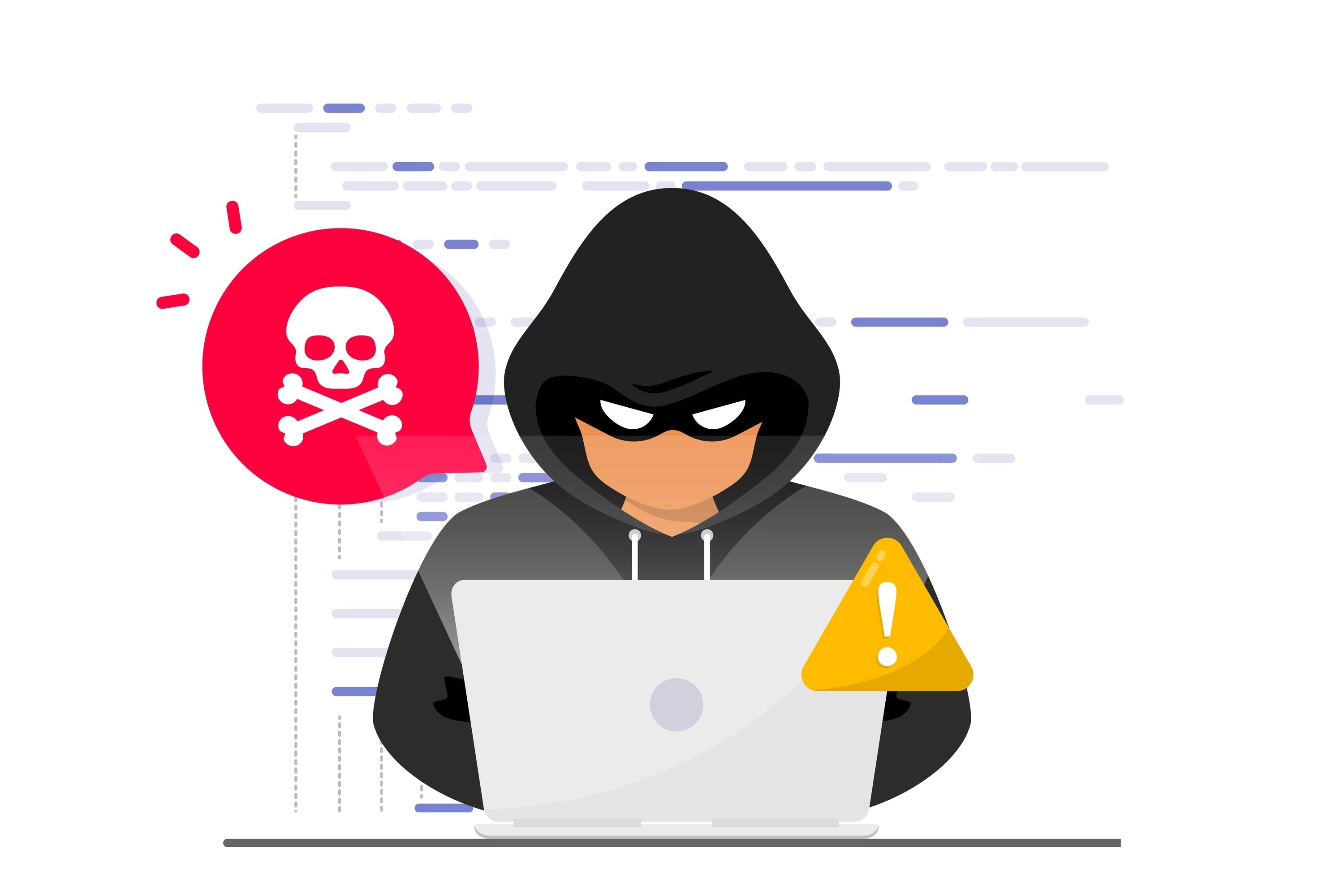 Cartoon of masked man hacking into a computer. There is a warning symbol, and a skull and crossbones surrounding him.